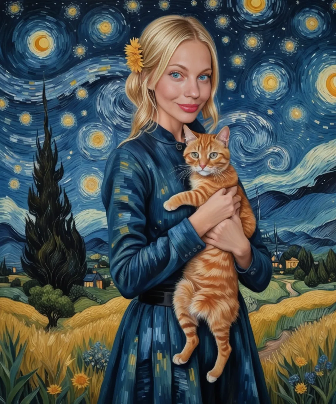 A woman in a painting, that looks like it is from Vincent van Gogh, holding a cat to her breast, flower in her blonde hair, blue eyes, red lips